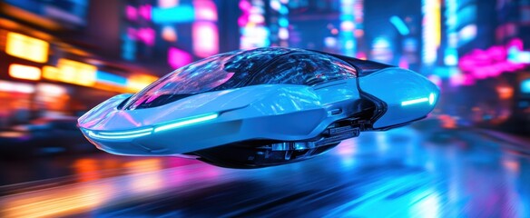 Futuristic Hovercraft Driving Through Neon City Streets with Reflections in a High-Tech Urban Setting