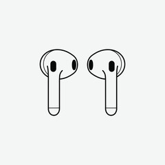 Simple black and white line drawing of wireless earbuds in a minimalist style. Bold outlines, clean design, perfect for tech graphics, icons, or digital illustrations.
