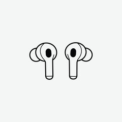 Simple black and white line drawing of wireless earbuds in a minimalist style. Bold outlines, clean design, perfect for tech graphics, icons, or digital illustrations.
