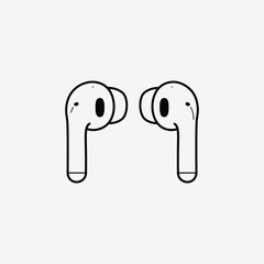 Simple black and white line drawing of wireless earbuds in a minimalist style. Bold outlines, clean design, perfect for tech graphics, icons, or digital illustrations.
