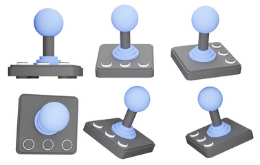 Blue Arcade Joystick Displayed in Multiple Angles on Transparent Background, Retro Gaming Controller for Classic Video Games and Entertainment Use, 3D Render