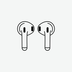 Simple black and white line drawing of wireless earbuds in a minimalist style. Bold outlines, clean design, perfect for tech graphics, icons, or digital illustrations.
