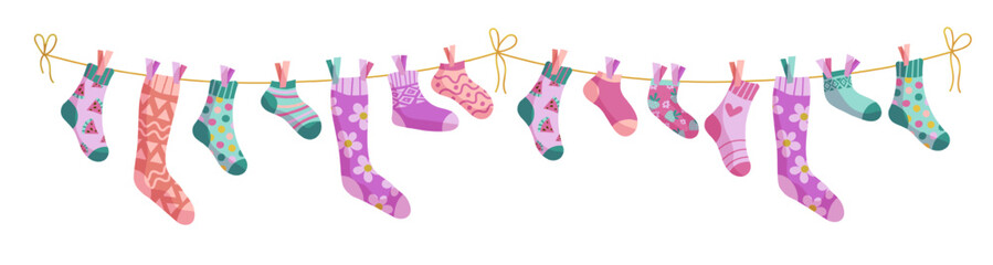 Clothesline socks. Socks on a rope, Baby socks with patterns vector cartoon.