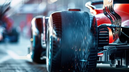 This close-up image captures the intricate details of an F1 car's rear wing and exhaust, showcasing the advanced design and engineering in racing.