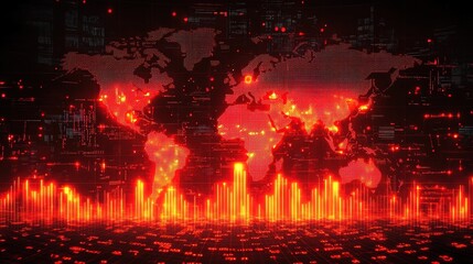Fototapeta premium Abstract Glowing World Map with Financial Graph Bar Chart Background