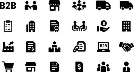 Business to business icons set representing corporate deals and agreements in simple vector format
