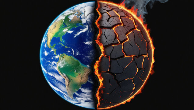 Divided Earth showing vibrant life vs scorched destruction. Perfect for climate change articles, environmental campaigns, and educational content.