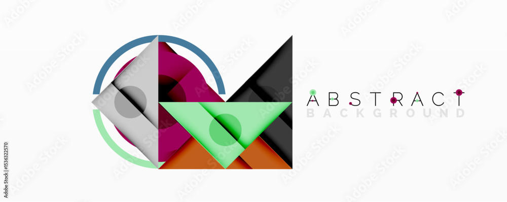 Poster Modern geometric design. Colorful shapes overlap creating dynamic visual effect. Clean lines, minimalist style. Bright hues present.