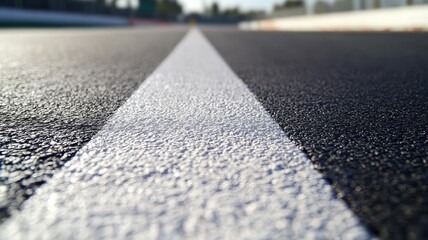 A detailed close-up view of an empty F1 track surface. The image captures the textured asphalt with a prominent white line suggesting speed and direction in a bright outdoor setting.