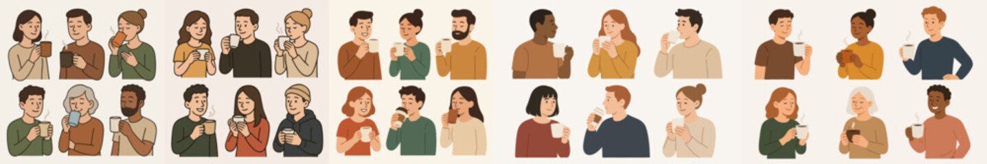 Vector Set People enjoying coffee or hot beverage
