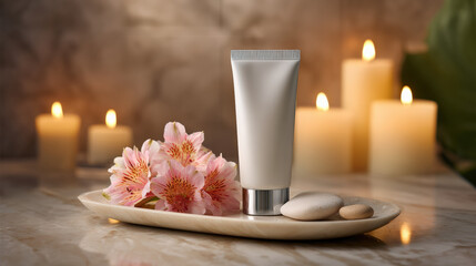 Serene spa setting featuring sunscreen tube, delicate flowers, and smooth stones, all illuminated by soft candlelight, creating tranquil atmosphere for relaxation