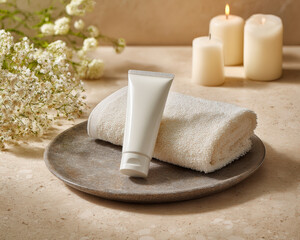Serene and luxurious spa scene featuring white tube of sunscreen placed on textured plate beside soft towel and delicate flowers, creating calming atmosphere