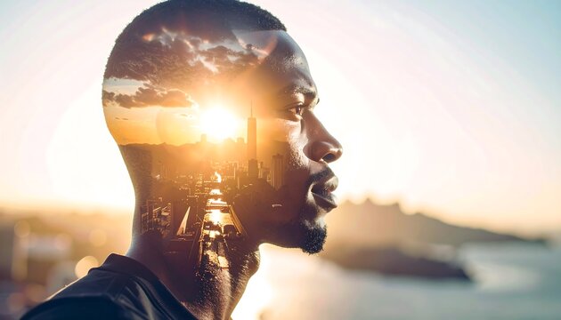 Man with City Skyline Composite  Inspiration with Vision, Determination, Future, and Outdoors. - Powered by Adobe