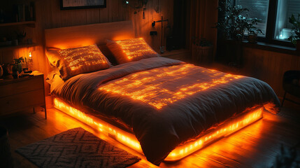 Overhead View of Glowing Data Visualization on a Bed, Sleep Monitoring AI InterfaceOverhead View of Glowing Data Visualization on a Bed, Sleep Monitoring AI Interface --chaos 15 --ar 16:9 --stylize 15