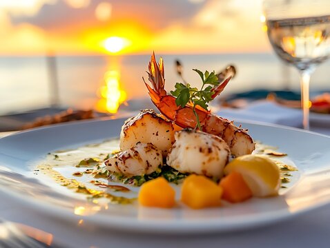 Fresh fried salmon steak baked with vegetables garnished fish fillet seafood on wooden board delicious meal dinning table on the upper deck in luxurious yacht cruise ship sea