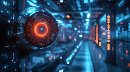 Futuristic Chrome Orb Detail Surveillance System in a Server Room Setting