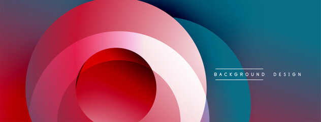 Abstract gradient circles overlap creating dynamic visual effect. Colors transition from red, pink, blue, purple. Modern design element.