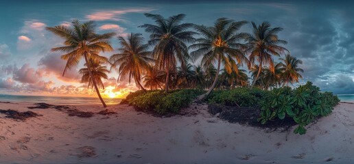 Enchanting tropical beach sunset with palm trees and serene atmosphere, captured in a 360 degree panoramic view