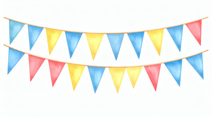 Obraz premium Bunting Flag Watercolor Illustration of Triangular Garland in Pastel Blue Red and Yellow Festive Decorative Banner Design for Celebrations and Parties