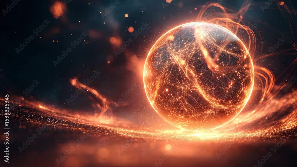 Poster A glowing, futuristic sphere with interconnected golden lines and sparkling particles in a dark, cosmic environment.