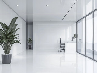 Modern office interior design with plant, desk and light filled space