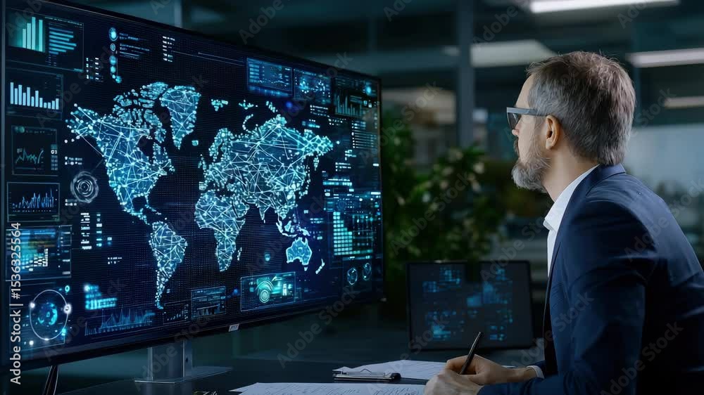 Aufkleber A business professional analyzes a digital world map with data graphs and network connections on a large computer screen in an office.