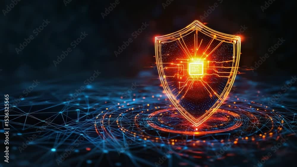 Poster a glowing digital shield stands amid a network of interconnected blue and orange lines, symbolizing 