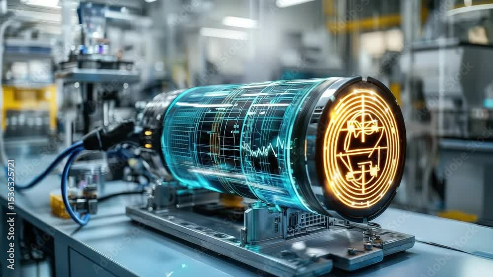 Poster a futuristic, high-tech energy device with glowing digital interfaces sits on a laboratory workbench