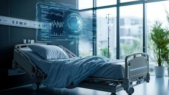 A modern hospital room with an empty bed and futuristic digital medical interface displaying patient data.