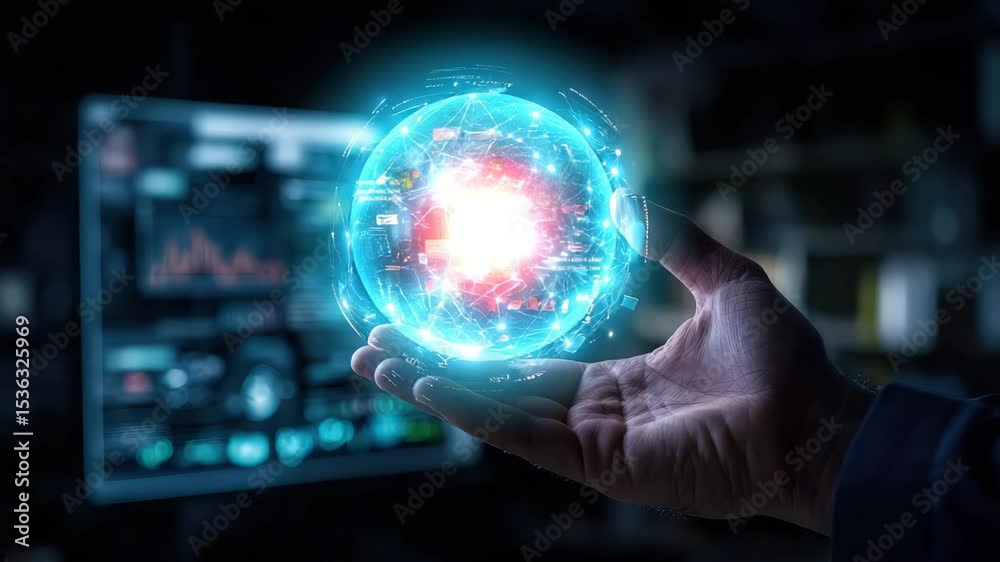 Poster A hand holds a glowing digital sphere of interconnected data, symbolizing advanced technology and artificial intelligence.
