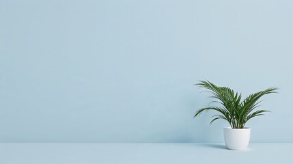 Minimalist Light Blue Wall Background with Small Green Parlor Palm in White Pot plant