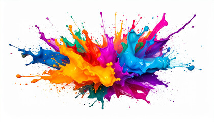 a dynamic explosion of vibrant colors bursts forth against a stark white backdrop. the liquids are seemingly suspended in mid air, their forms twisted into organic, abstract shapes