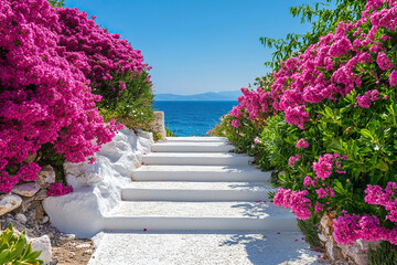 Greek architecture with white steps and pink flower beds. Magnificent sea view. Summer holidays in Greece. Created by artificial intelligence