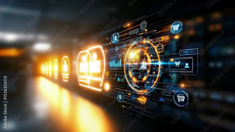 Aufkleber A glowing digital interface with futuristic icons and data visualizations suggests advanced technology and e-commerce innovation.