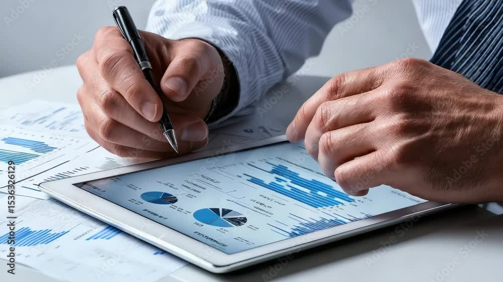 Poster a person reviews digital financial charts and data on a tablet, analyzing business performance, with