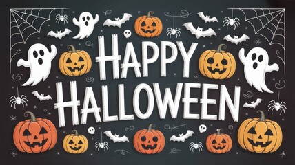 Happy Halloween Chalkboard Design Pumpkins Ghosts Bats Spiders