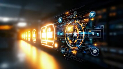 A glowing digital interface with futuristic icons and data visualizations suggests advanced technology and e-commerce innovation. - Powered by Adobe