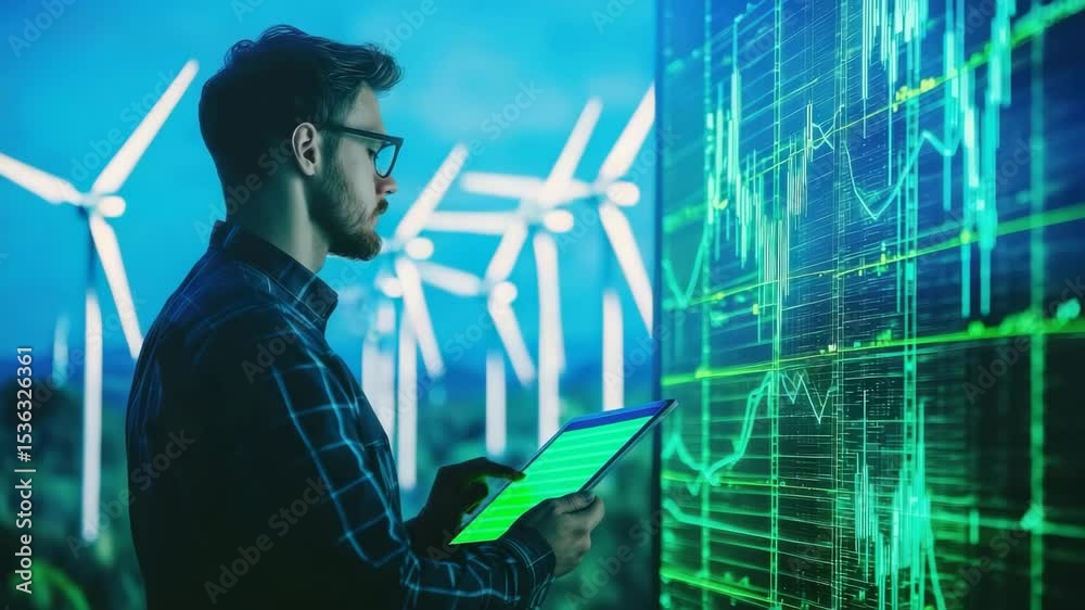 Poster a man analyzes digital data on a transparent screen with wind turbines in the background, suggesting