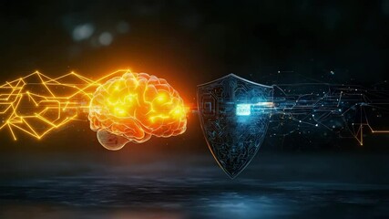 A glowing digital brain faces a futuristic shield, symbolizing artificial intelligence protection or cybersecurity defense. - Powered by Adobe