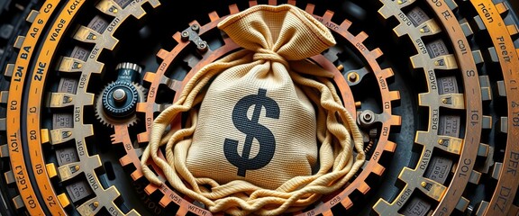 Obraz premium Money bag nestled within intricate cogwheel mechanism, wealth, savings