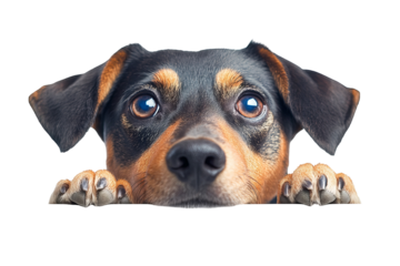 Curious dog peeking over edge on transparent background — high-resolution PNG cut-out perfect for web banners, pet-themed social posts, e-commerce overlays, and veterinary marketing visuals