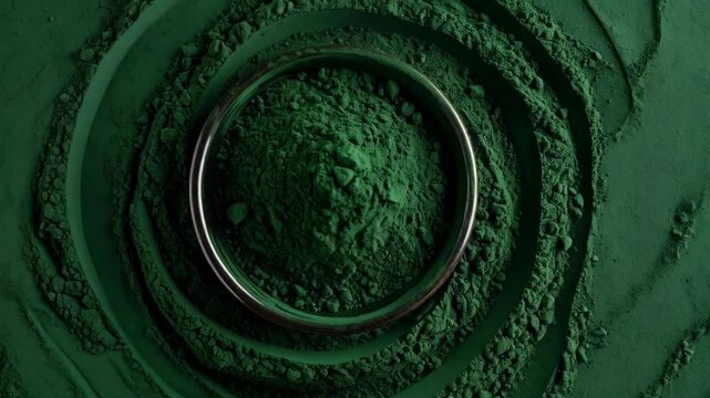 Concentrated powder of vivid green algae with metal bowl and spiral pattern in deep emerald color background, nutrient dense superfood