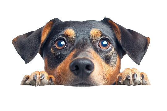 Curious dog peeking over edge on transparent background — high-resolution PNG cut-out perfect for web banners, pet-themed social posts, e-commerce overlays, and veterinary marketing visuals