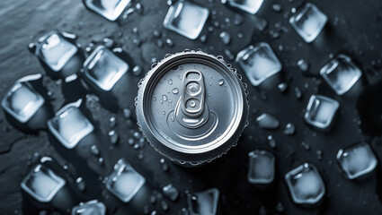 op-down silver can mockup on wet slate for label placement. Perfect for beverage branding, product launches, and high-impact ad design.

