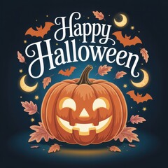 Happy Halloween Jack O Lantern Autumn Leaves Bats Moons Stars Night