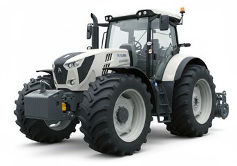 Modern white and gray tractor on display