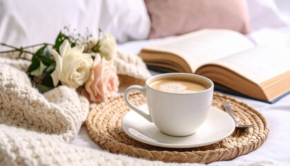 the scene is set on a pristine white bed, with a woven tray holding a white mug filled with a tan colored beverage. a small spoon rests nearby on a white saucer