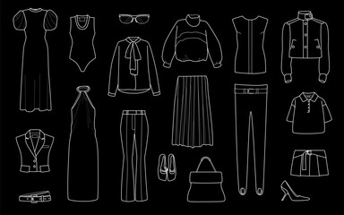 Vector collection of women's fashion clothes and accessories in white outline on black background. Includes trendy apparel elements like dresses, skirts, tops, shoes, bags, and glasses