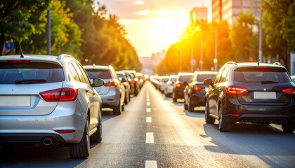 the scene depicts a busy road filled with stationary traffic during daytime, with bright sunlight shining from afar. numerous vehicles are aligned on the road, extending far into the distance