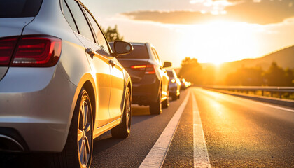 Fototapeta premium several automobiles are lined up on a multi lane road, appearing to be either at a standstill or moving very slowly
